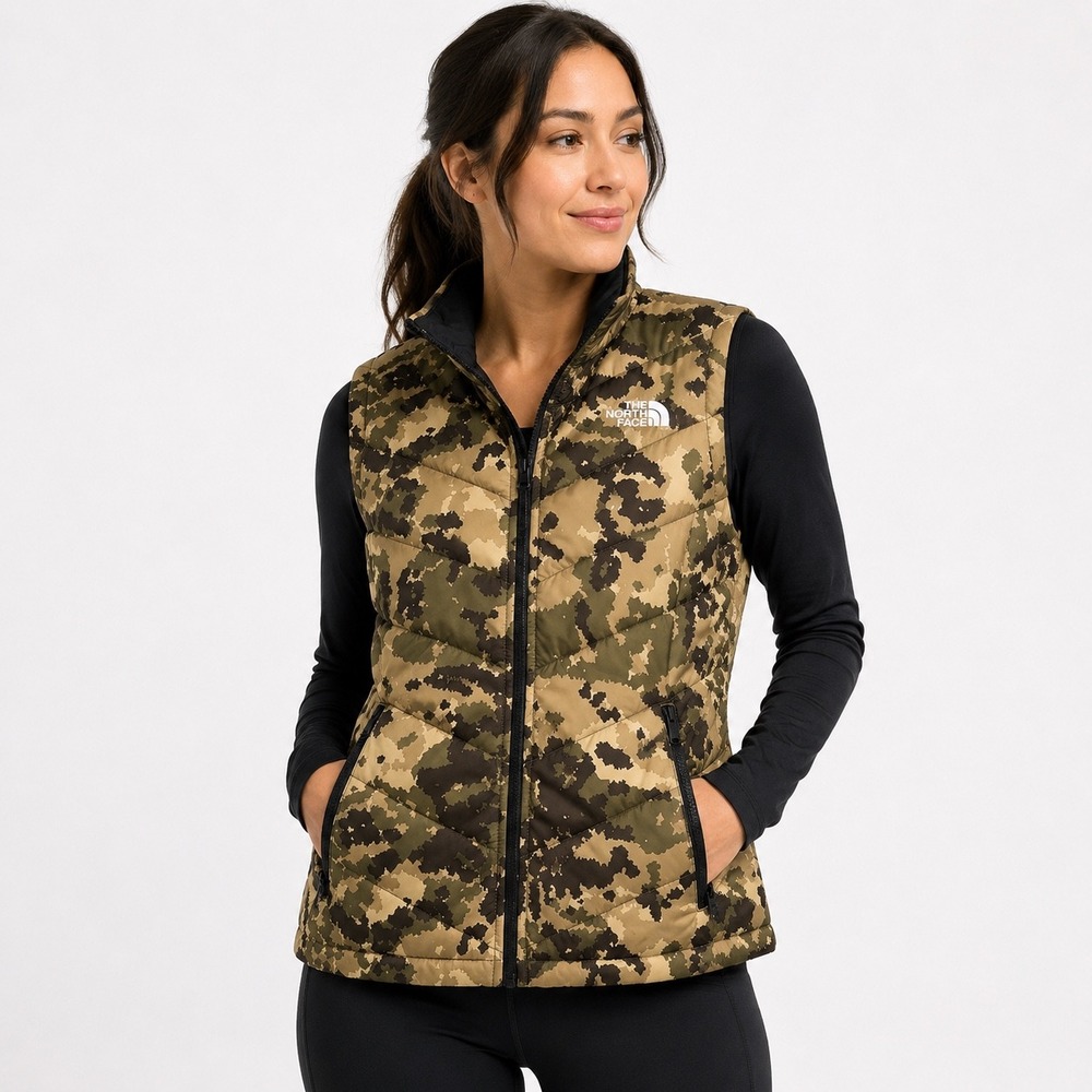 The North Face Womens Digital Camo Puffer Vest Brown Tan Full Zip Insulated M